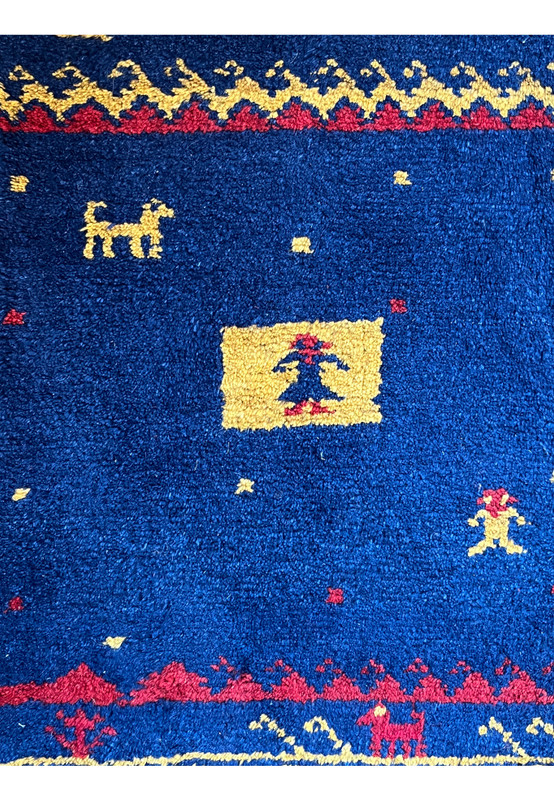 1'3x2 Persian Gabbeh baby rug Poshti cobalt blue yellow gold tree animal motifs midfield