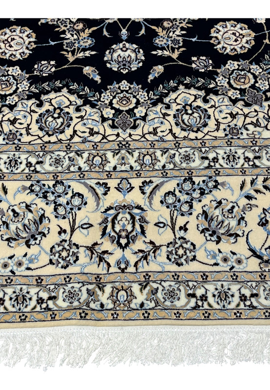 9x12 Persian Nain Habibian 6La rug lower border ivory palmettes silk outlines fringe detail
