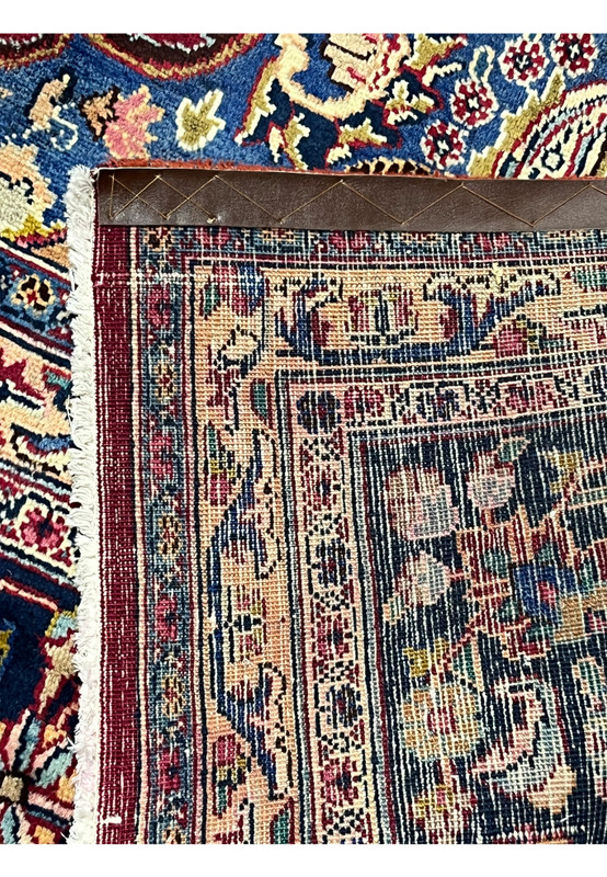 10x13 distressed antique Persian Mashad rug back side hand-knotted wool foundation weave