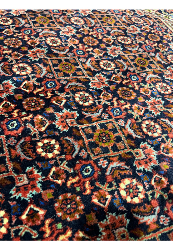 Navy ground with rosettes and fish motifs, traditional Persian Bijar rug pattern detail