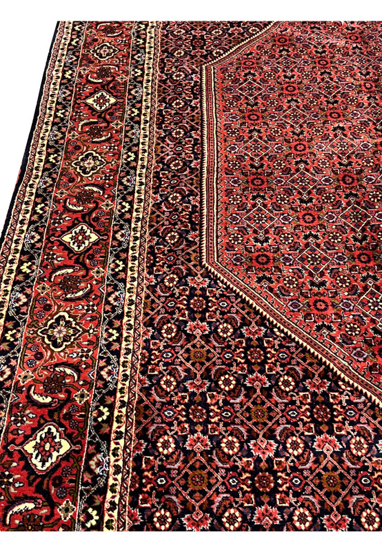 Side view showing red field meeting navy border, large Persian rug 10x13 for living room