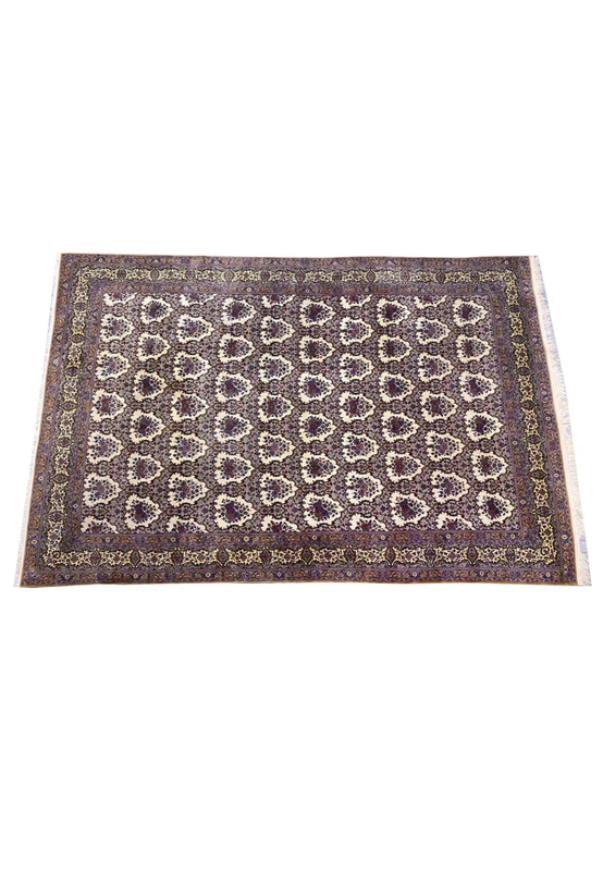 Top-down view of this oversize Persian Qum rug showing dense all-over floral panel composition
