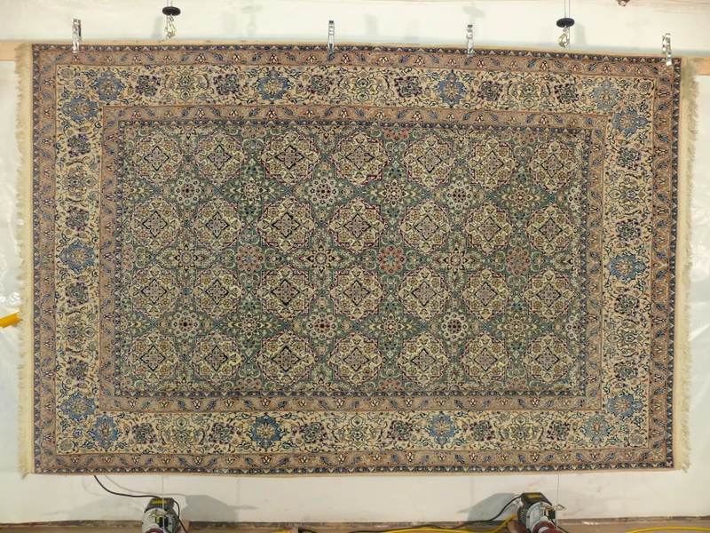 Hand-knotted wool and silk texture of the 7 x 10 Persian Nain 6 LAA Habibian rug