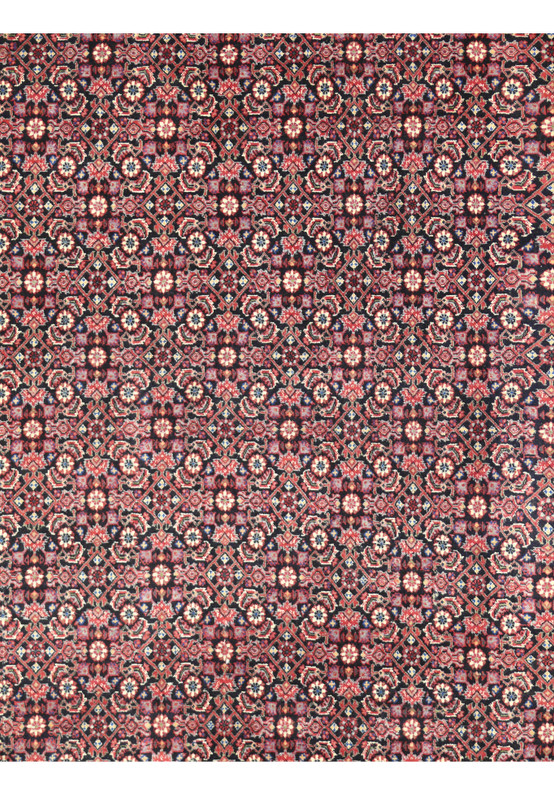 Field detail of Persian Bijar Herati design with rosettes, mahi leaves, and diamond lattice on navy ground