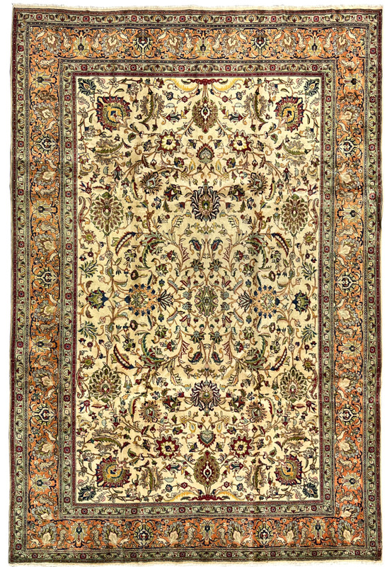Cream field antique 9x13 Persian Tabriz with allover Shah Abbasi floral design and warm terracotta main border framing