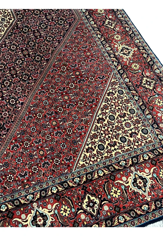 Side border detail of the Bijar with rosette palmettes, sky blue accents, and the precise floral scroll typical of fine Bijar weaving