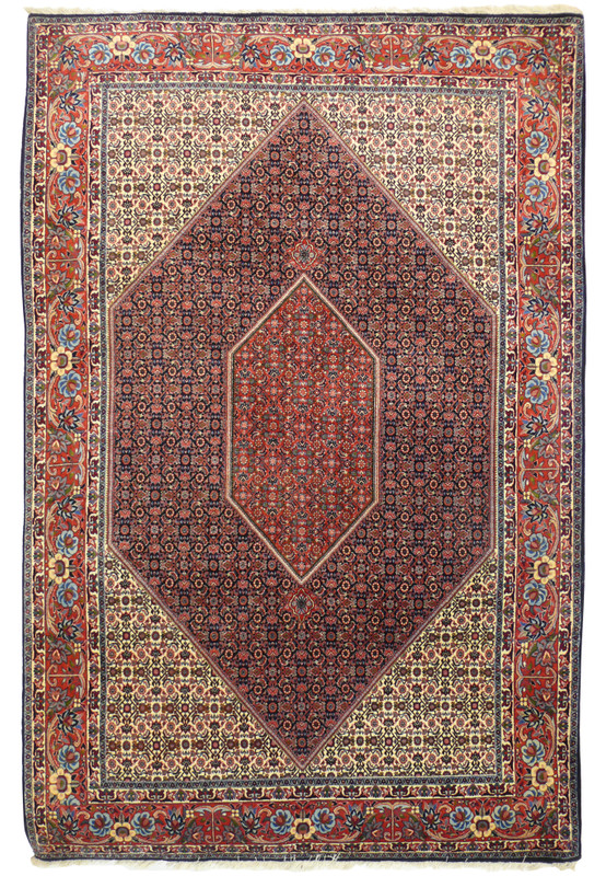 7x10 Persian Bijar rug with navy diamond medallion herati field and ivory corners with floral rosette border