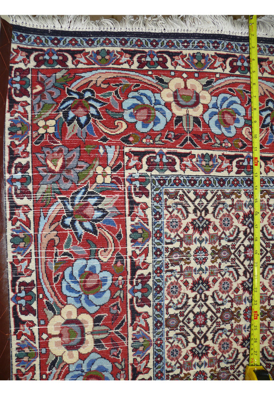 Backside view of hand-knotted Persian Bijar rug showing dense weave structure typical of iron rugs of Persia