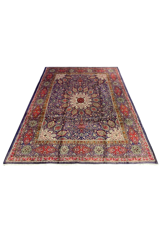 Full top-down view of authentic Persian Tabriz rug showing complete gonbad sunburst composition