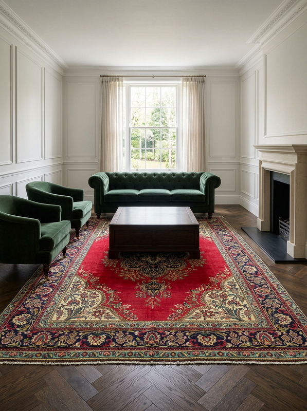 9'6 x 13 Persian Kerman Rug | Lavar Cartouche | Highly Discounted for Abrash