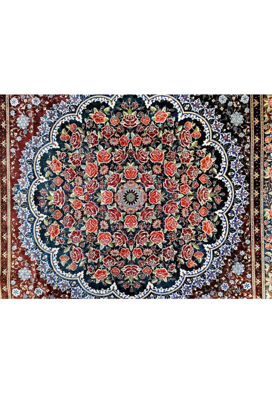 Central scalloped medallion of Persian Qum silk on silk rug, dense rose garden on midnight blue field with lobed cusps