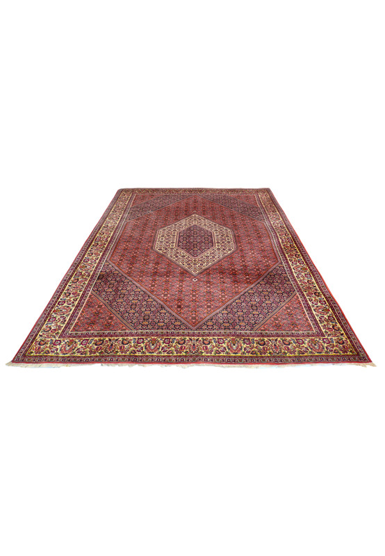 Authentic Persian Bijar rug photographed flat showing stepped diamond medallion, ivory border, navy spandrels