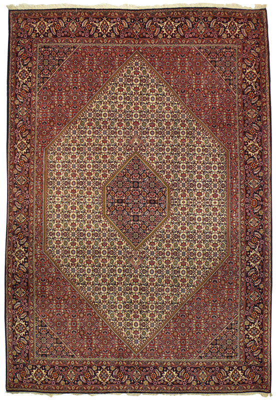Full overhead view of 7x10 Persian Bijar rug with stepped diamond medallion on ivory herati ground