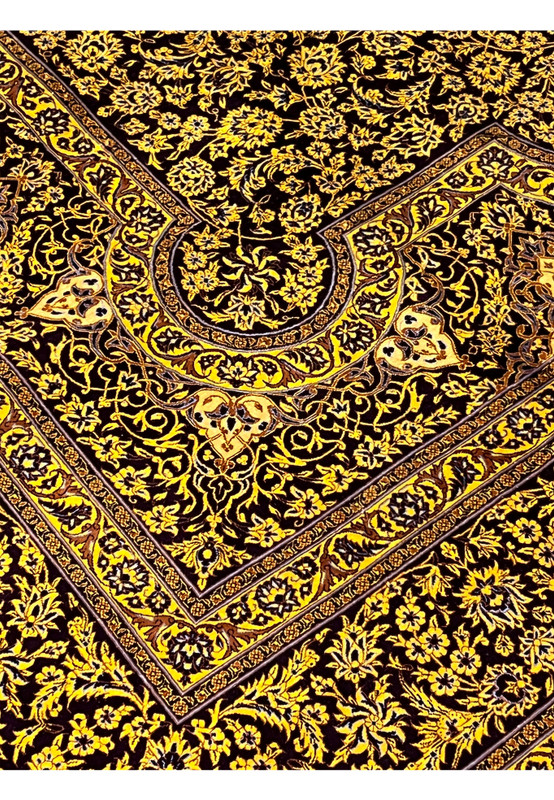 Wide corner view of signed Naimi Qum pure silk rug, four point star geometry meeting magenta outer field