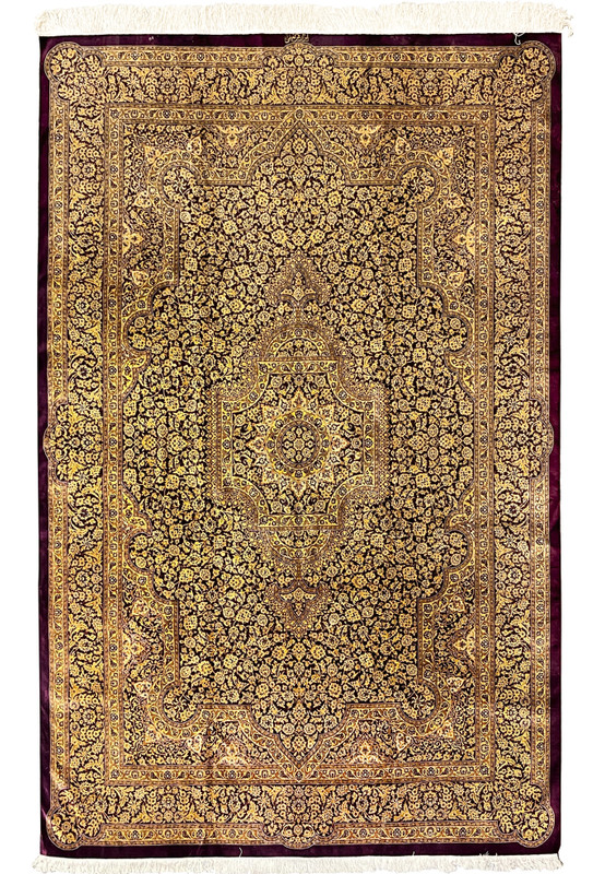 Full overhead view of 7x10 signed Naimi Persian Qum pure silk rug with Safavid medallion on magenta gold field