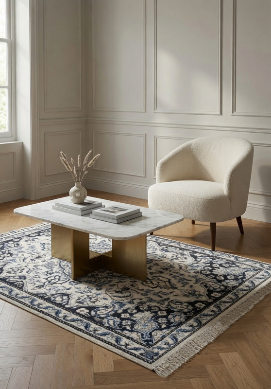 3 x 5 Persian Nain Rug | Ivory Field Navy Border | Floral | 180-220 KPSI