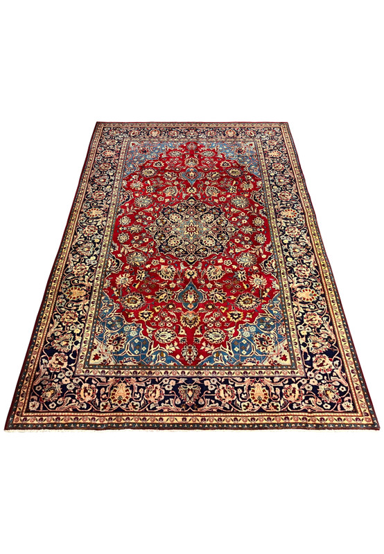 Authentic 200 KPSI Persian Najafabad rug photographed flat, rose red ground, French blue spandrels, layered diamond medallion