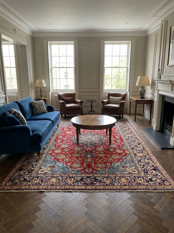 7'5 x 12'7 Persian Najafabad Rug | Red Field Navy Border | Layered Medallion | 200-220 KPSI
