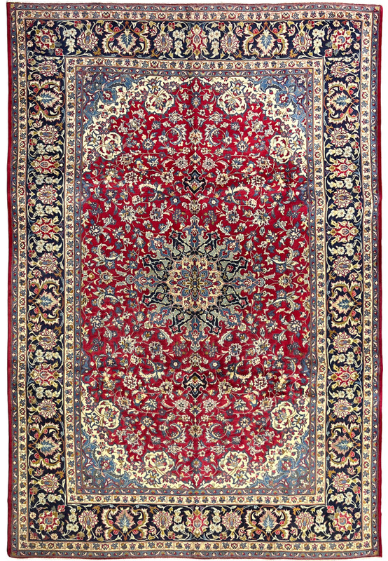 10x14 Persian Najafabad rug full view, cherry red field with star medallion, navy border, hand-knotted wool, authentic