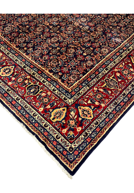 Edge of 9x13 Persian Mahal rug, ivory guard stripe meeting red main border, fine workshop drawing