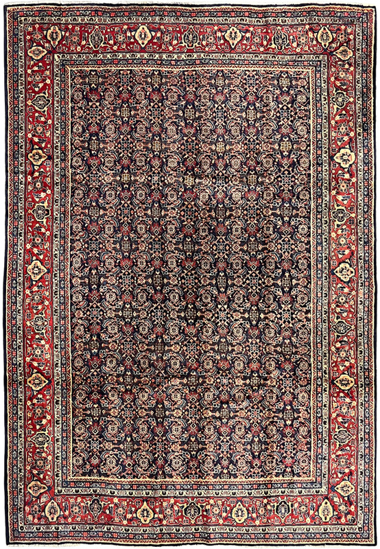 9x13 Persian Mahal rug with allover Herati pattern, deep navy field with Persian red floral border, hand-knotted wool
