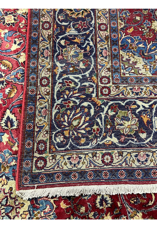 Backside of Persian Isfahan rug, tightly woven cotton foundation and fine knot detail, authentic 220 to 240 KPSI handmade workshop quality