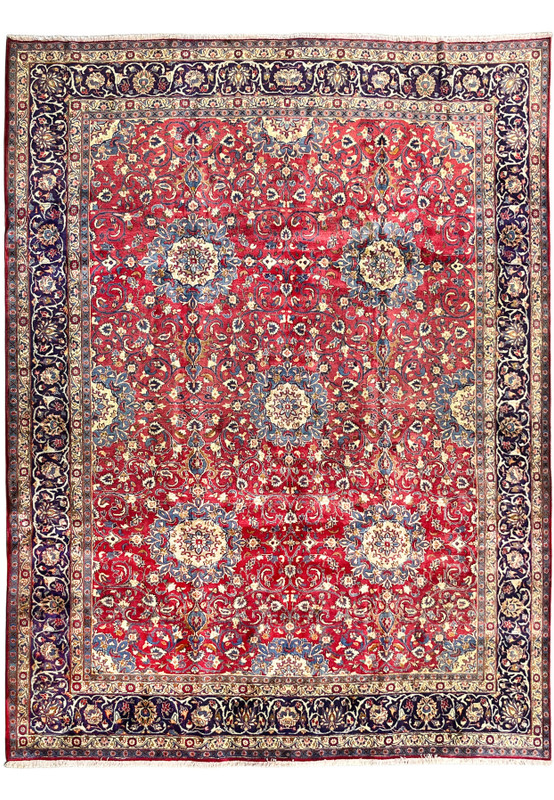 9'6 x 12'6 Persian Isfahan Rug | Allover Floral | Red Field Navy Border