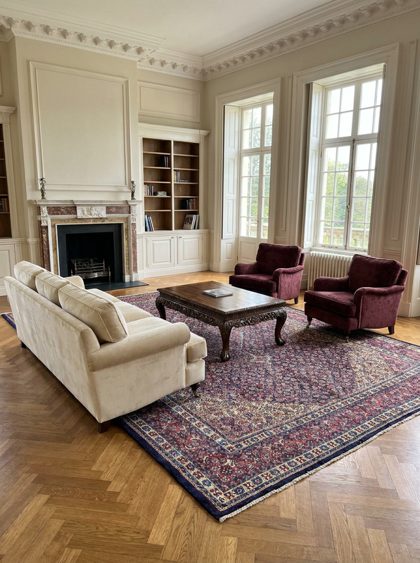 10'5" x 15 Persian Sarough Rug | Navy Field Dense Floral Lattice | Salmon Boteh