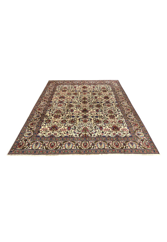 Persian Tabriz rug laid down, oversize hand-knotted wool on cotton, ivory allover floral for large dining room