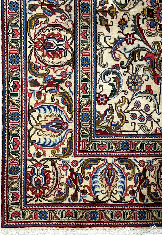 Main border Persian Tabriz rug, palmette and turtle motifs on ivory ground, fine hand-knotted wool for formal interior