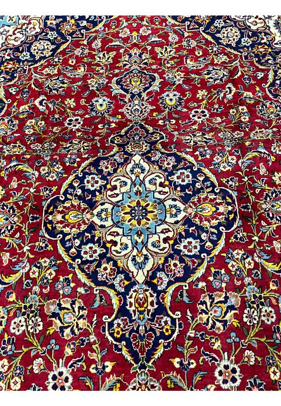Medallion detail Persian Kashan rug, navy ground with ivory and sky blue palmette drawing, fine 200 KPSI hand-knotted wool