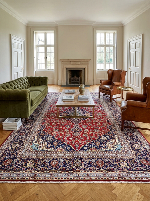 10 x 15 Persian Kashan Rug | Red Field Navy Medallion | featured on Shark Tank Show