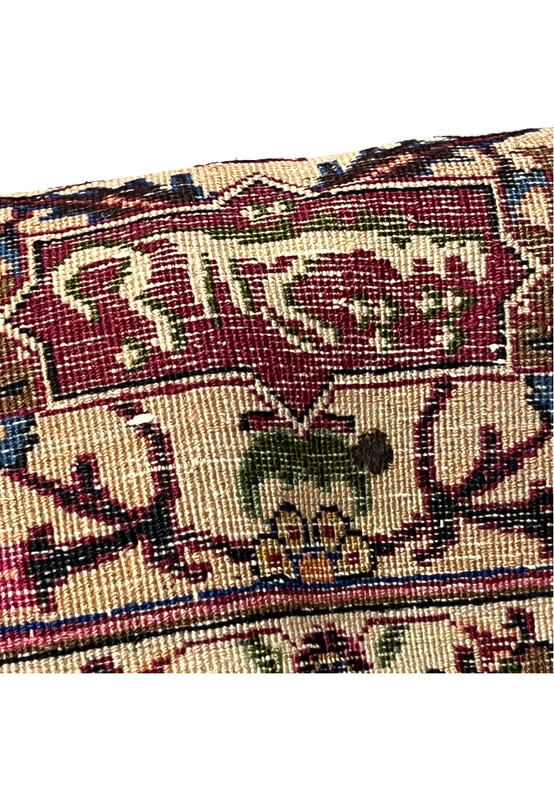 Backside of Shash-Kalani signature Persian Mashad rug, reverse of woven signature cartouche showing fine knotting detail