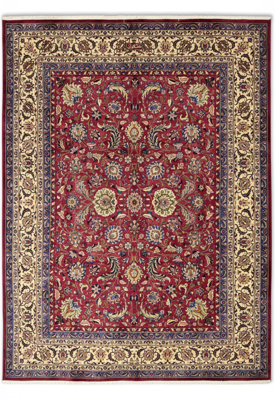 Signed Shash-Kalani Persian Mashad rug full view, 10 by 13 allover floral on red field, hand-knotted wool on cotton master workshop