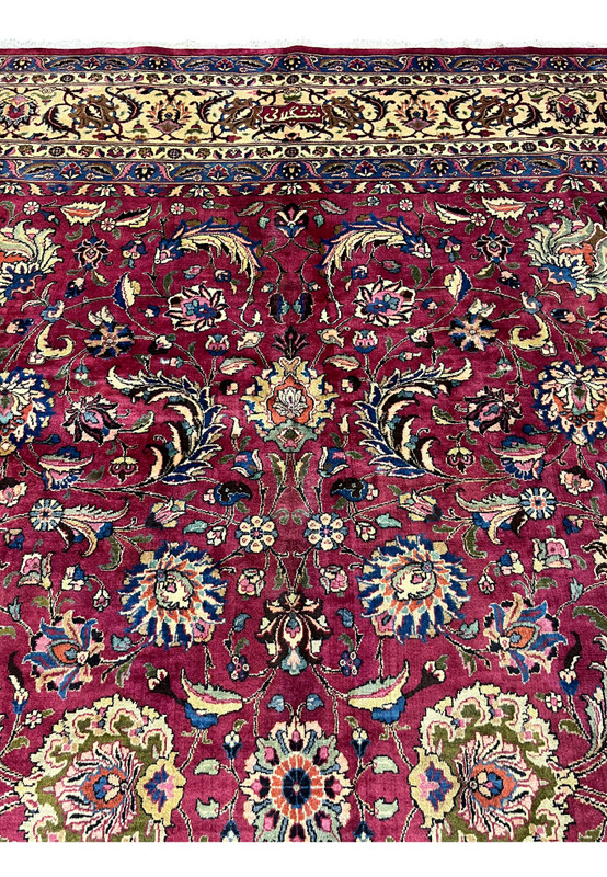 Upper part Persian Mashad rug, Shash-Kalani signature cartouche visible in main border on gold ground, fine 240 KPSI hand-knotted
