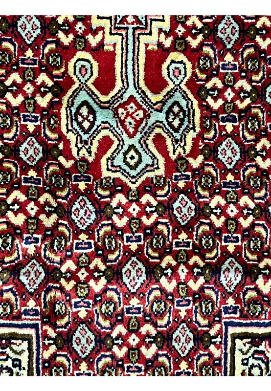Pattern detail Persian Senneh rug, classic mahi herati repeat on pale celadon ground, fine Kurdish workshop drawing