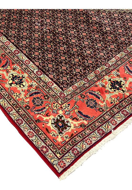 Corner edge of 10x13 Persian Senneh rug, stepped diamond spandrel meeting coral main border, never used handmade wool