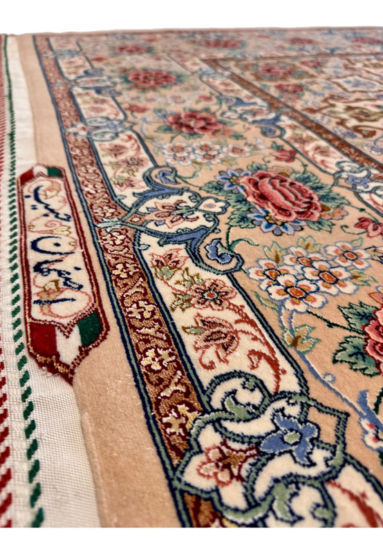 Border side view of signed Isfahan rug, Iranian flag kilim ends and rose bouquet procession on peach ground