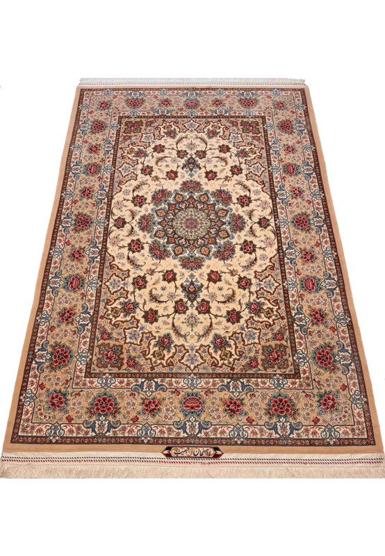 Master Habib signed Persian Isfahan rug laid down, ivory and peach palette with rose garden border