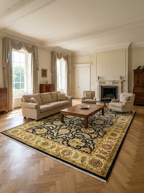 12 x 18 Oriental Jaipur Rug | Oversize Mansion Size | Midnight Blue Field with Mughal Allover Floral | 140-160 KPSI