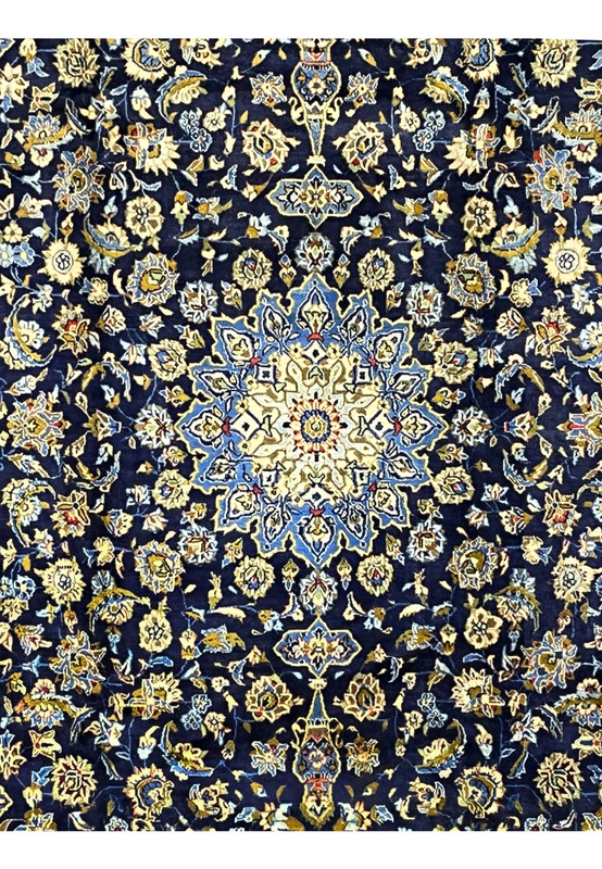 8x11 Persian Kashan rug centered ivory star medallion on midnight navy field with allover florals