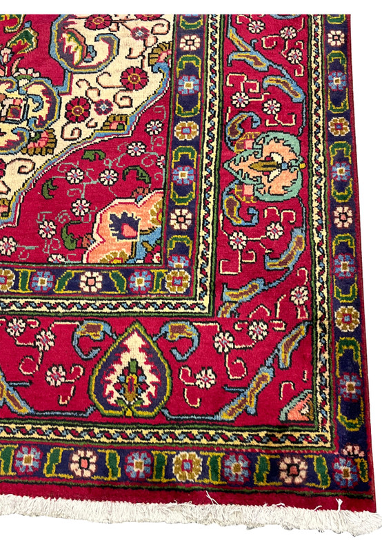 Persian Tabriz rug 9'8 x 12'1 corner border with paisley style cartouches in green and salmon on red
