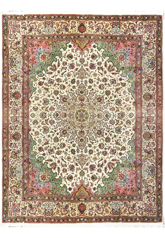 8 x 9'4 Persian Tabriz 50 raj rug, wool and silk on cotton with ivory field and mint green corner spandrels