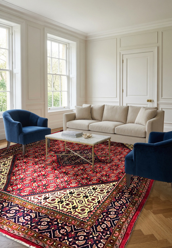 9'5" x 13'2" Persian Mahal Rug | Herati Field with Navy Diamond Medallion