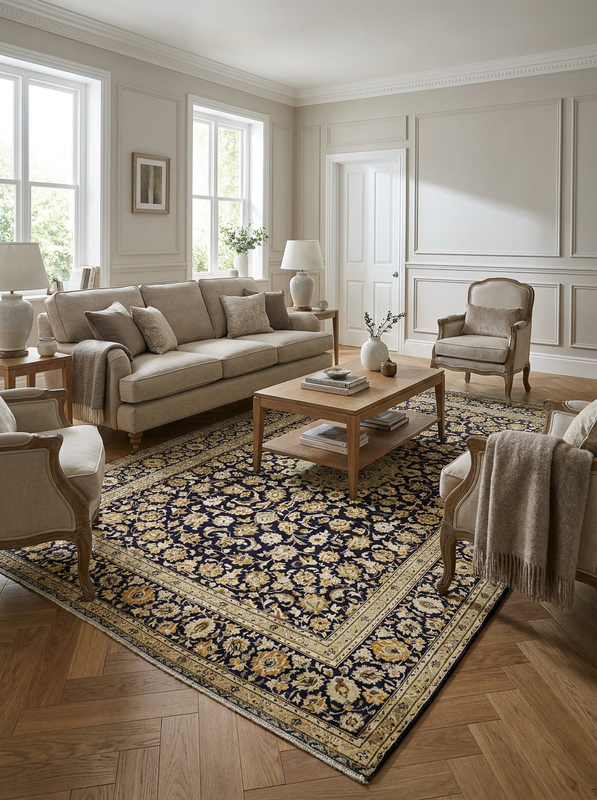 8'4 x 12'1 Signed Persian Kashan Rug | Midnight Navy Florals | Ivory Star Medallion