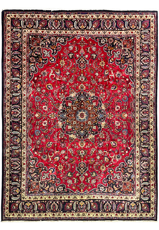 9'8 x 12'8 signed Persian Mashad rug with raspberry red field and layered center medallion