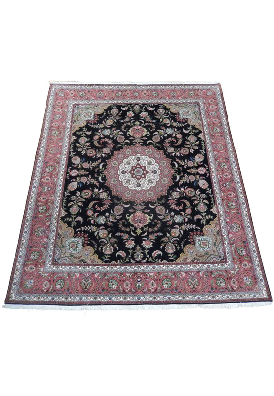 8'2 x 10 Persian Tabriz 60 raj rug with jet black field and dusty rose star medallion