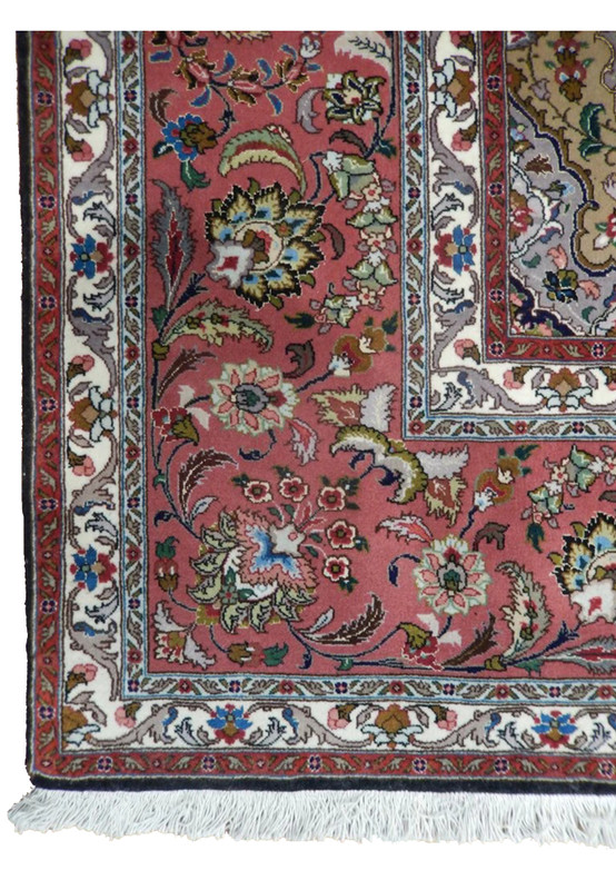 Corner of the 60 raj Tabriz with dusty rose border ivory guard bands and gold spandrel