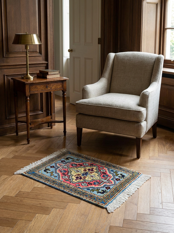 1'3" x 2' Ardebil Persian Rug | Geometric | Powder Blue & Coral