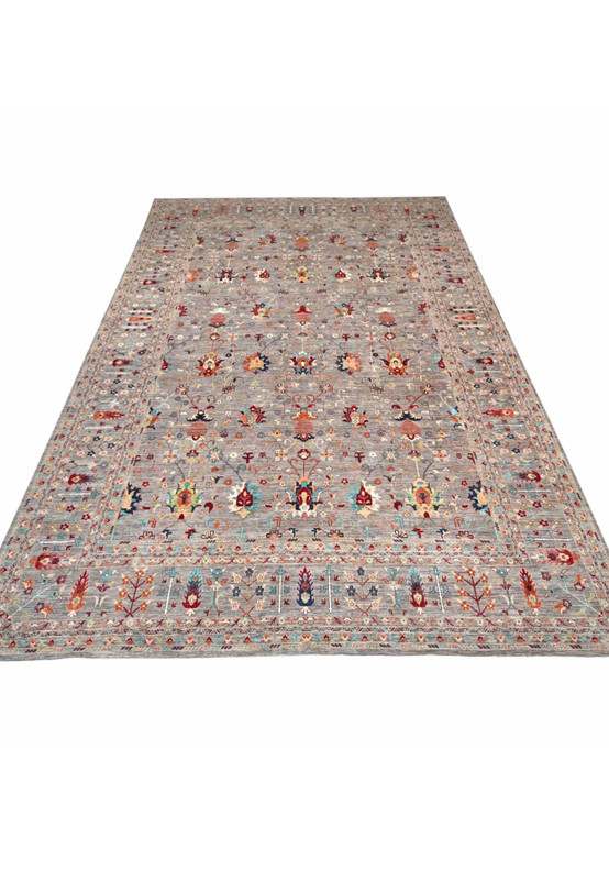 18'3" x 23'9" Afghan Sultani palace rug laid flat, grey field with rust and teal all-over floral design